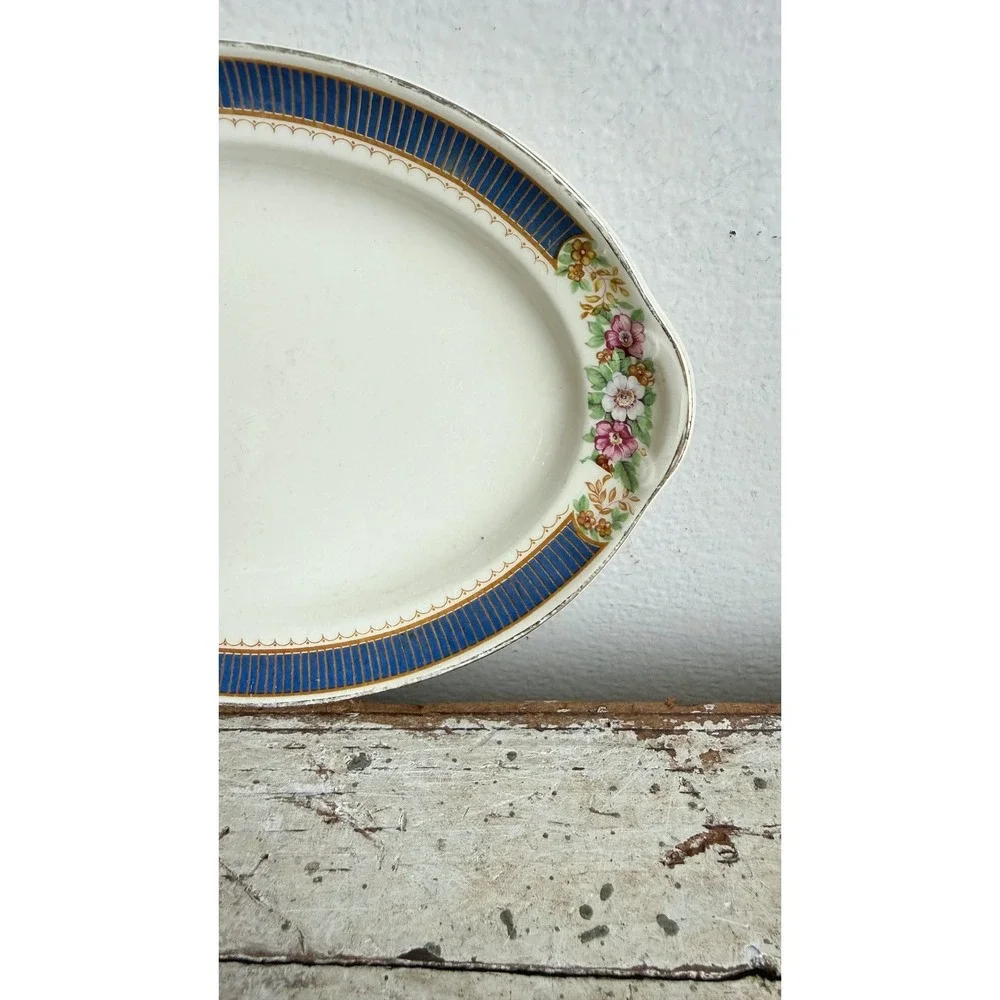 Taylor Smith Taylor USA Vintage Oval Floral Serving Dish Cobalt Blue Stripe 7in